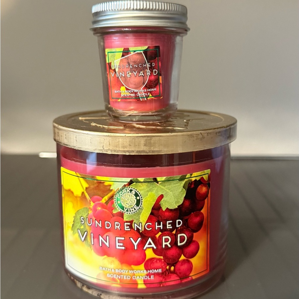 Bath & Body Works Sundrenched Vineyard
RARE & HTF 3 WICK & MINI MASON JAR DUO